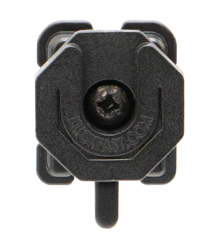 Black plastic adapter with central screw, square shape.