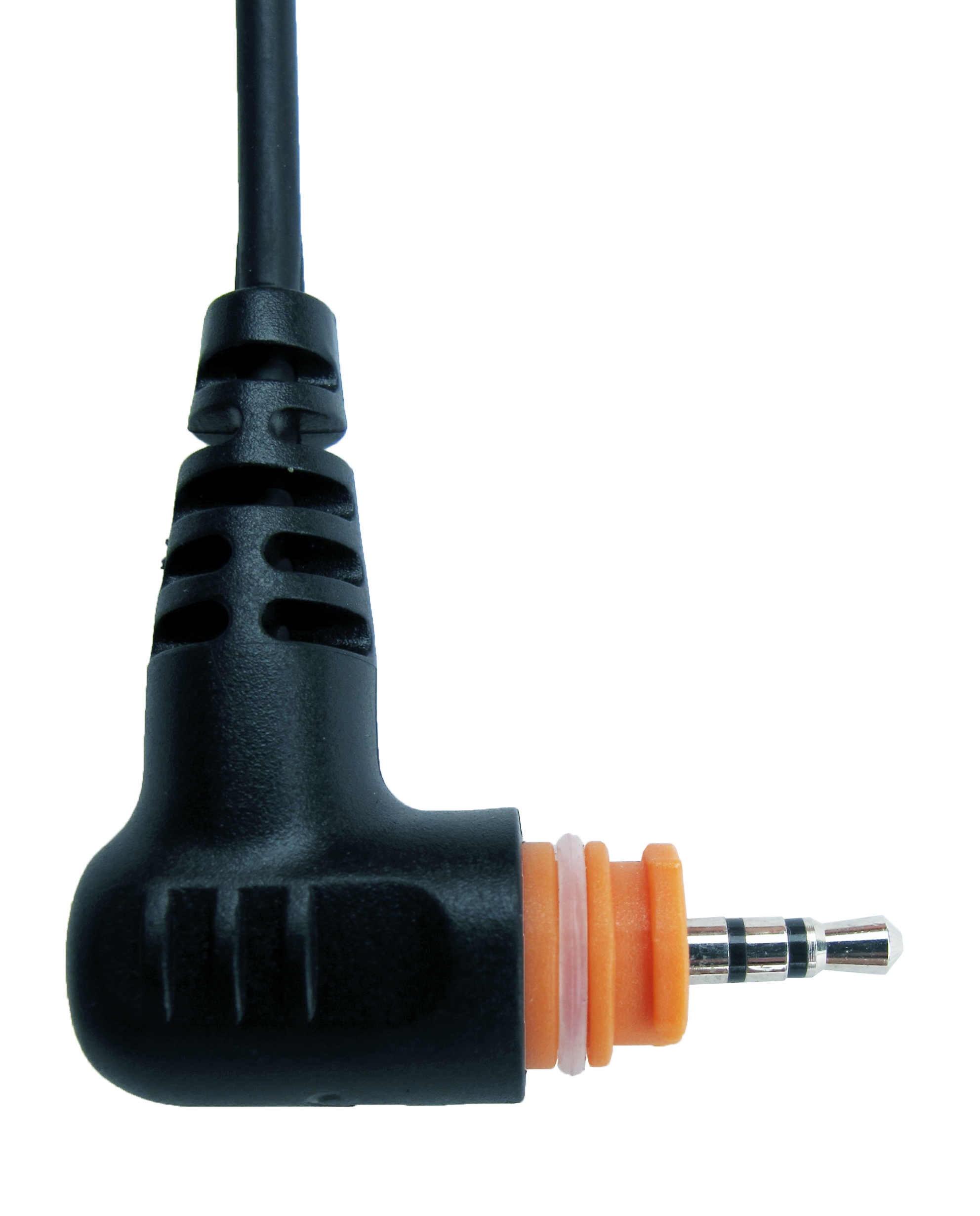 Winkelstecker mit schwarzem Kabel und orangefarbenem Isolator, 3,5-mm-Klinkenstecker.
