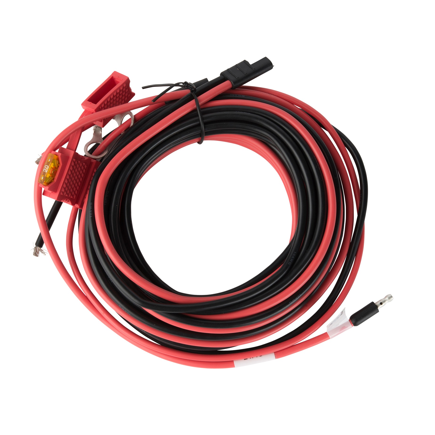 Rote und schwarze Kabel mit zwei Krokodilklemmen und einer Sicherung.