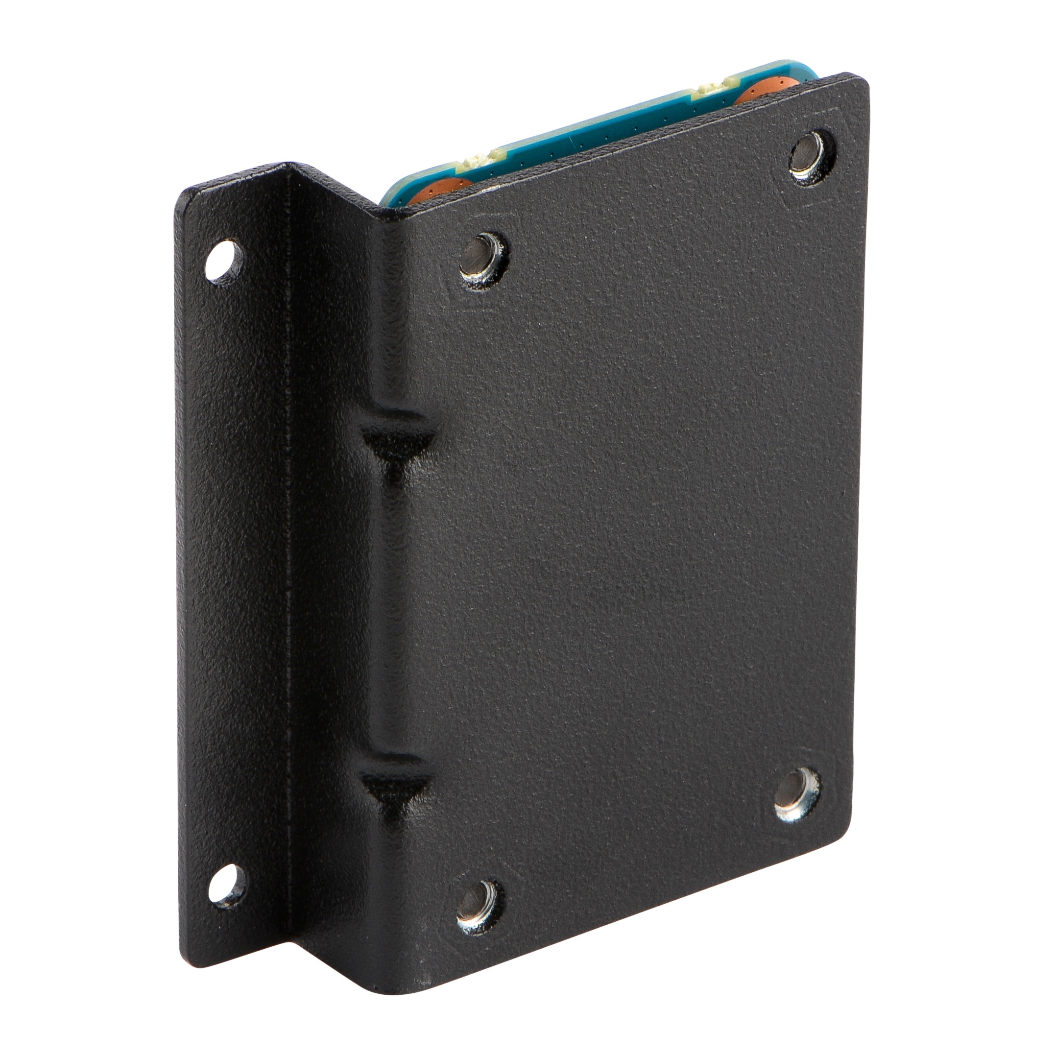Black bracket with four holes and blue connector.