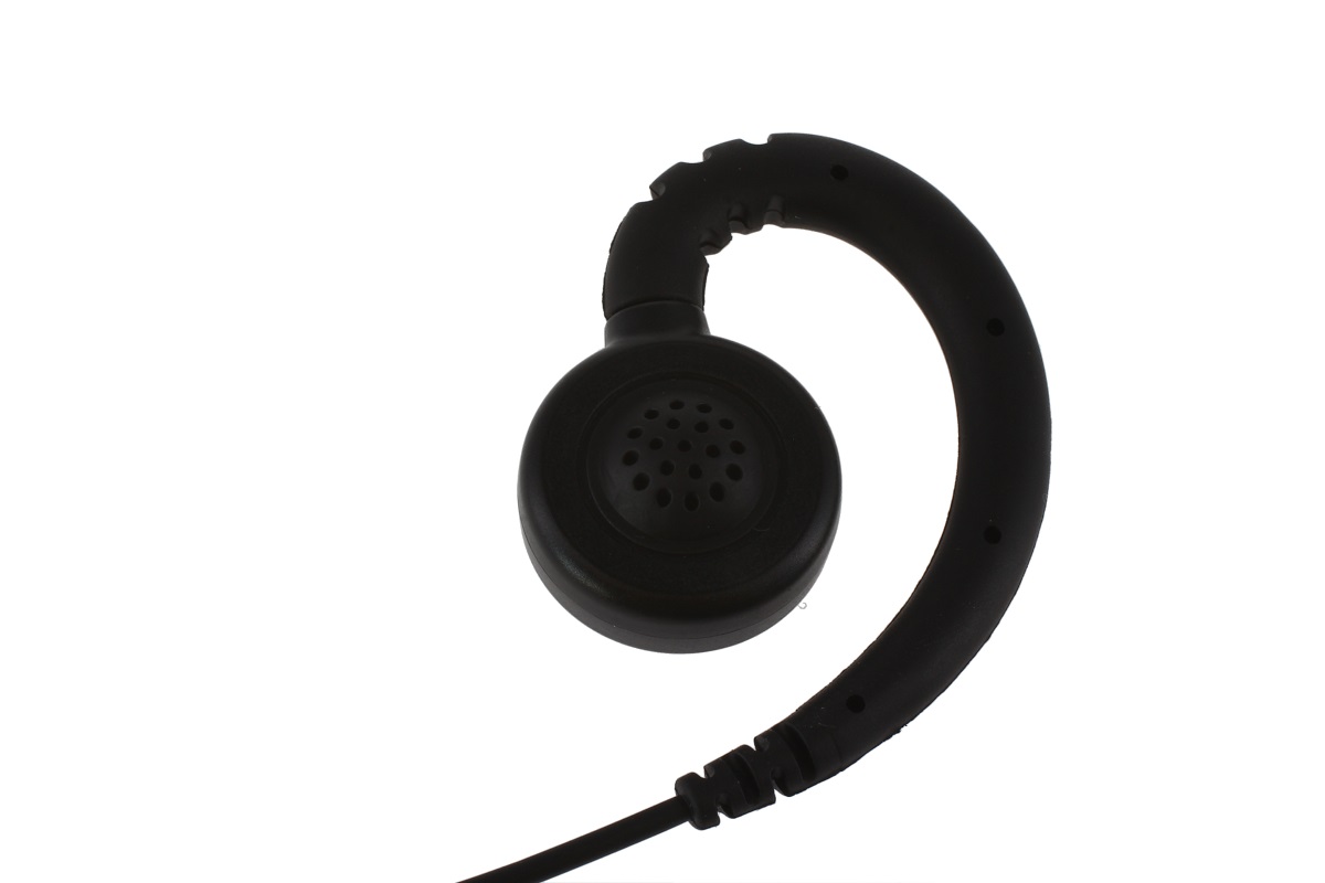 Black single in-ear headphone with ear hook and cable.
