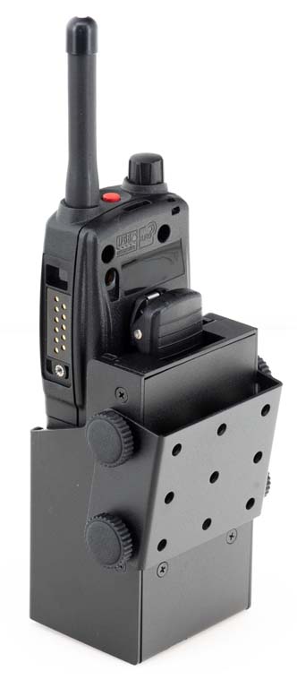 Black radio in a holder with antenna and buttons.