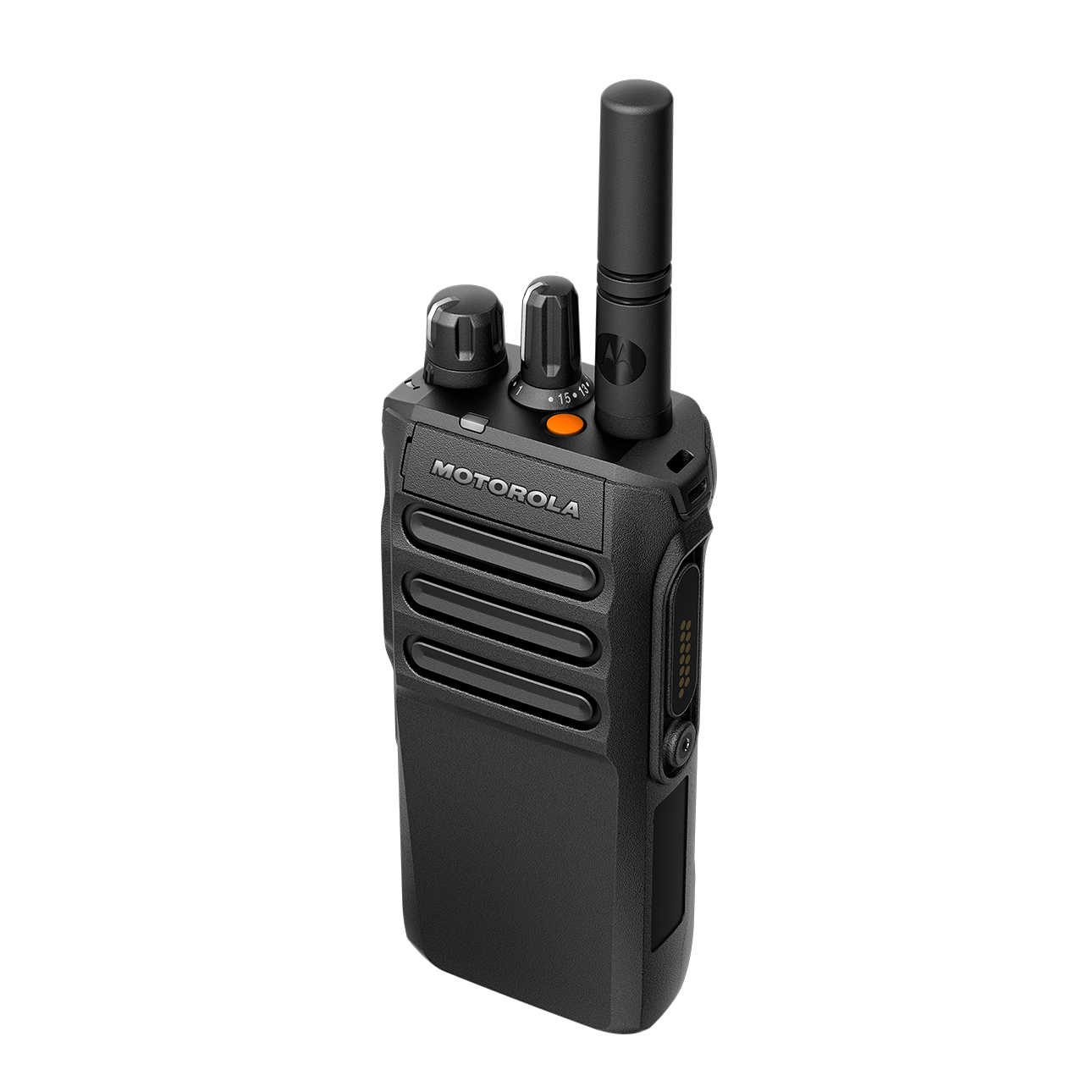 Black handheld radio with antenna and dials.