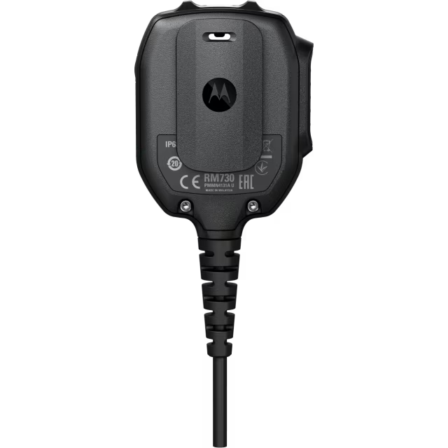 Rückseite eines schwarzen Kommunikationsgeräts mit Kabel und Motorola-Logo.