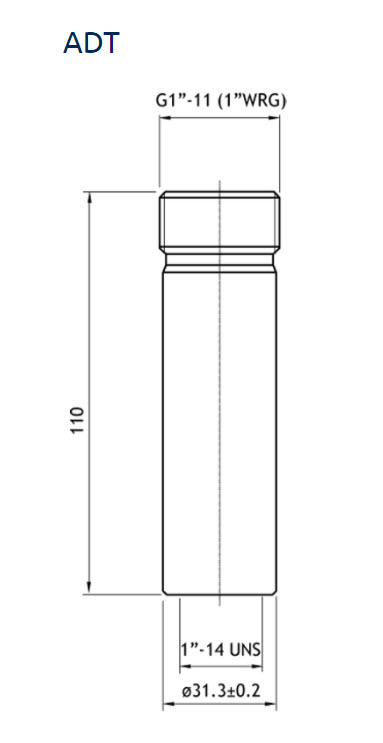 Technische Zeichnung eines zylindrischen Behälters mit Maßen und Gewinden.