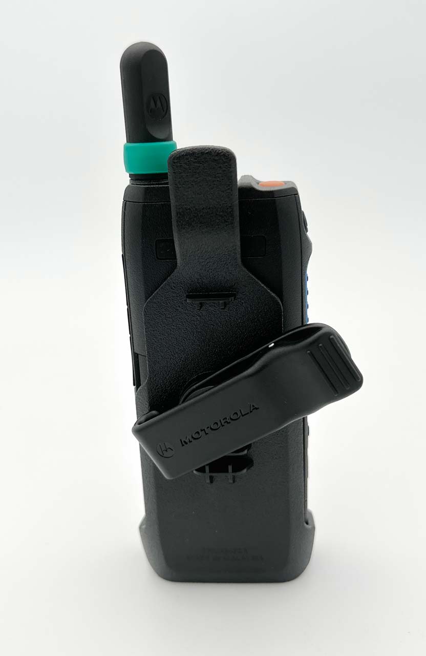 Back view of a black radio with belt clip.