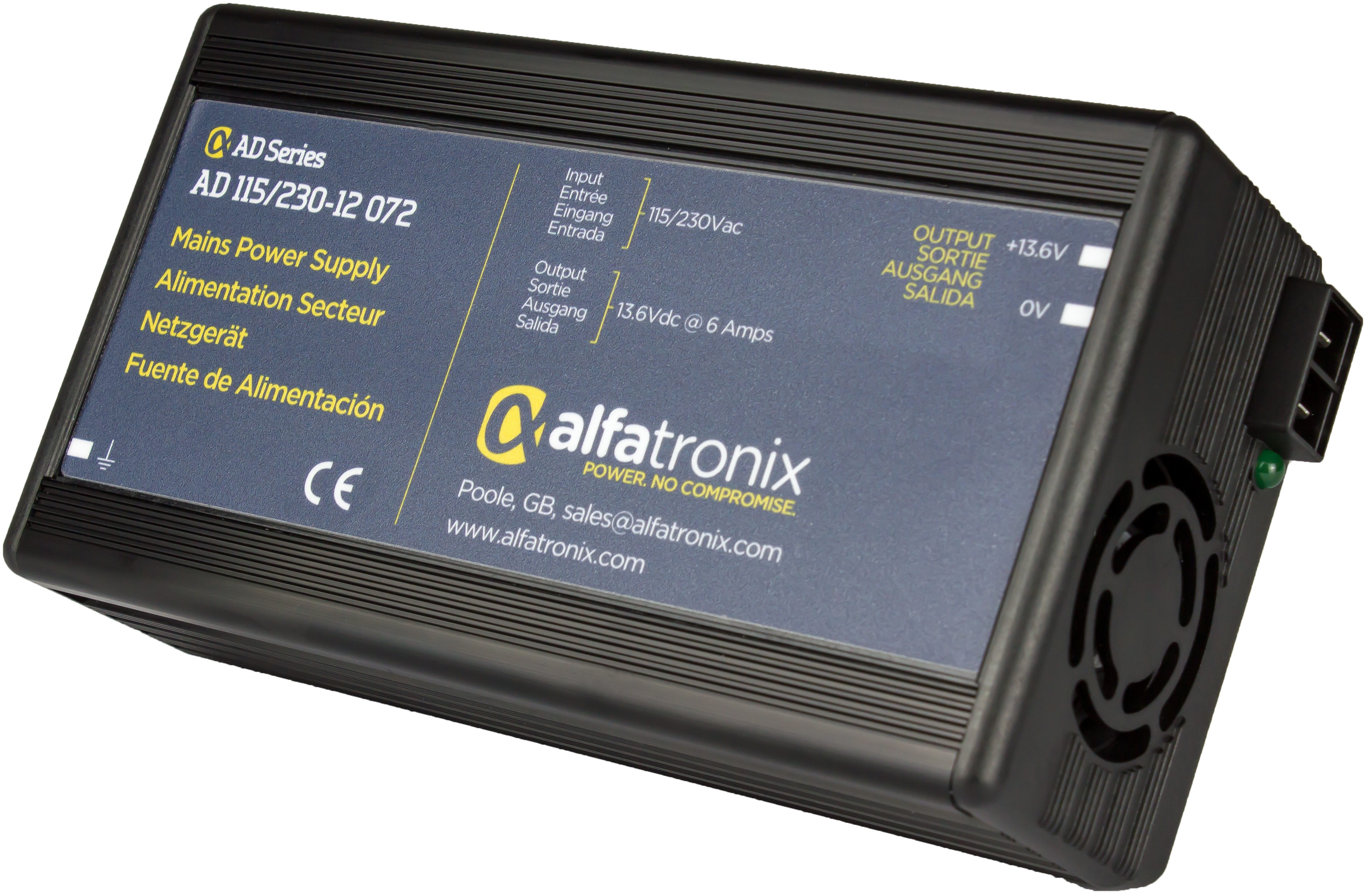 7000-00292400_mot_01.jpg Stromversorgungseinheit AD 115/230-12 072 von Alfatronix, Eingabe: 115/230V, Ausgabe: 13,6V DC bei 6 A.