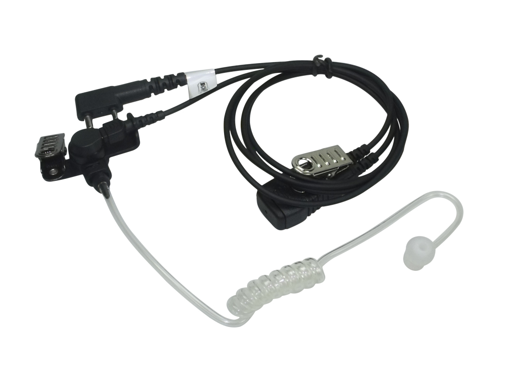 Earpiece with transparent tube, black cable, microphone, and clip.