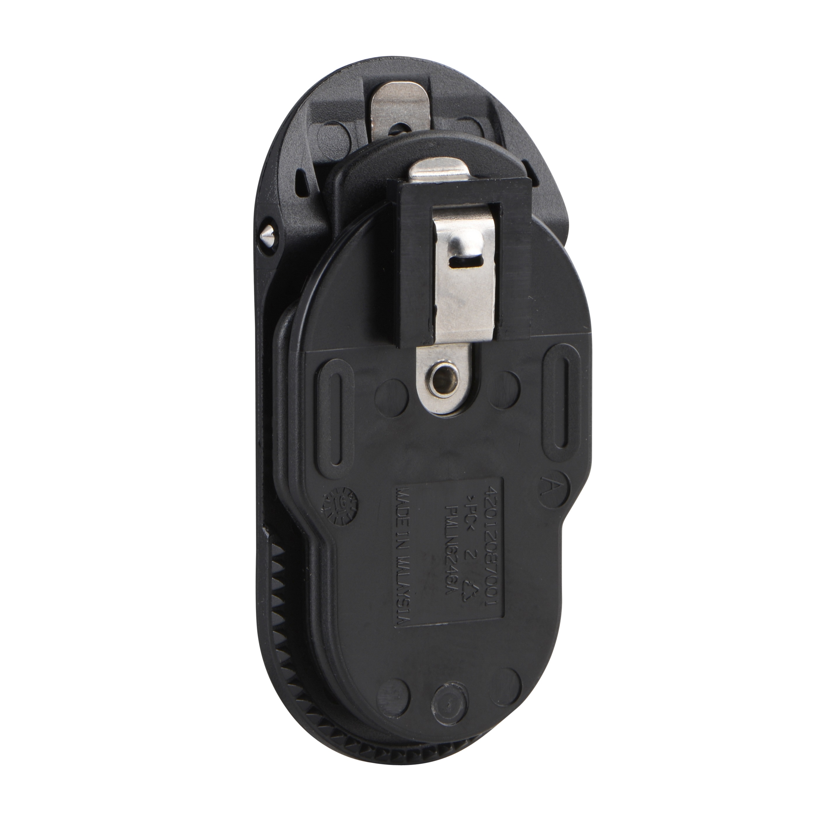 Black oval plastic mount with metal clip at the top.