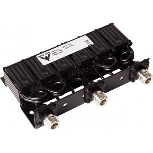 Black RF splitter with four connectors and coiled cables, rectangular shape.