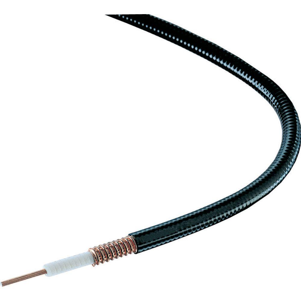 Black, curved coaxial cable with exposed inner conductor.