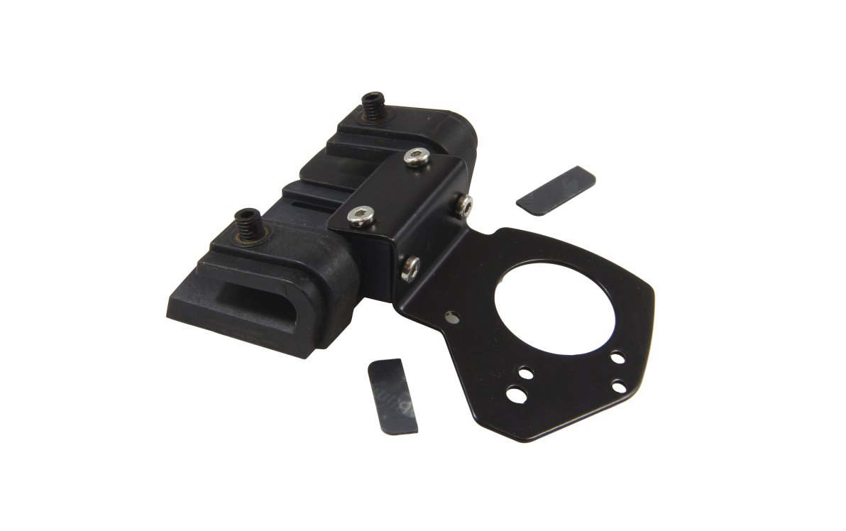 Black metal bracket with round opening and two screws.