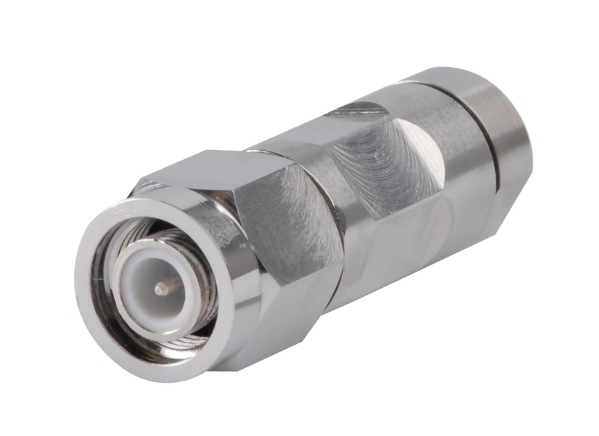 Metal connector with hexagonal head, cylindrical shape.