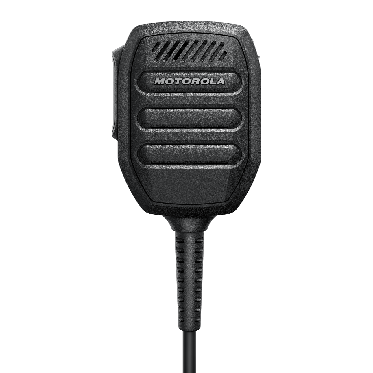 Schwarzes Mikrofon mit Kabel und Markenname auf der Vorderseite.