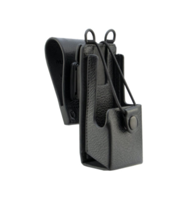 Black leather holster with belt clip and holding strap