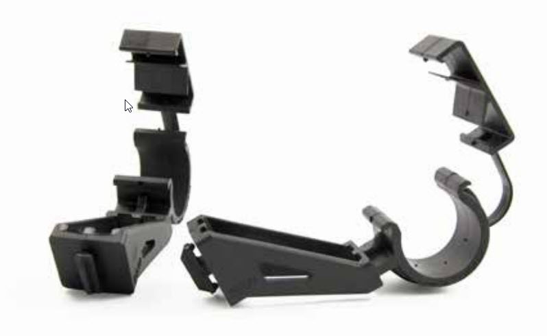 Two black brackets with adjustable parts on a white background.