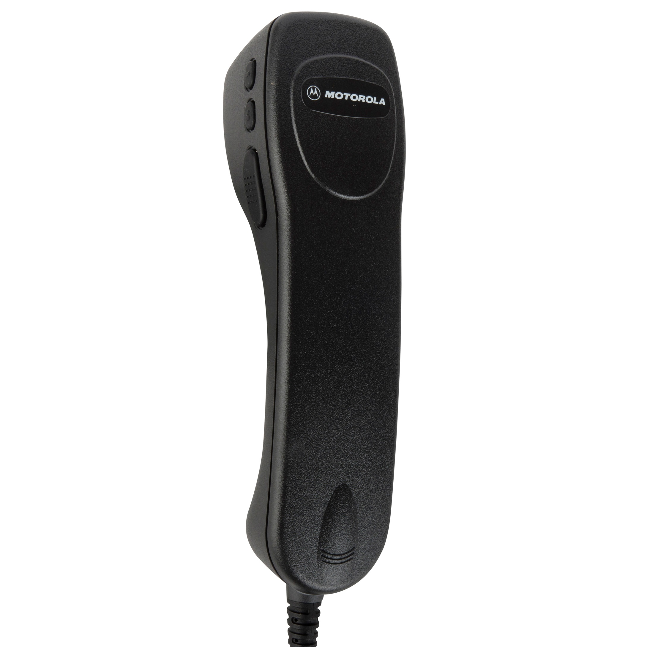 Black Motorola handheld microphone with cable, buttons on the side.