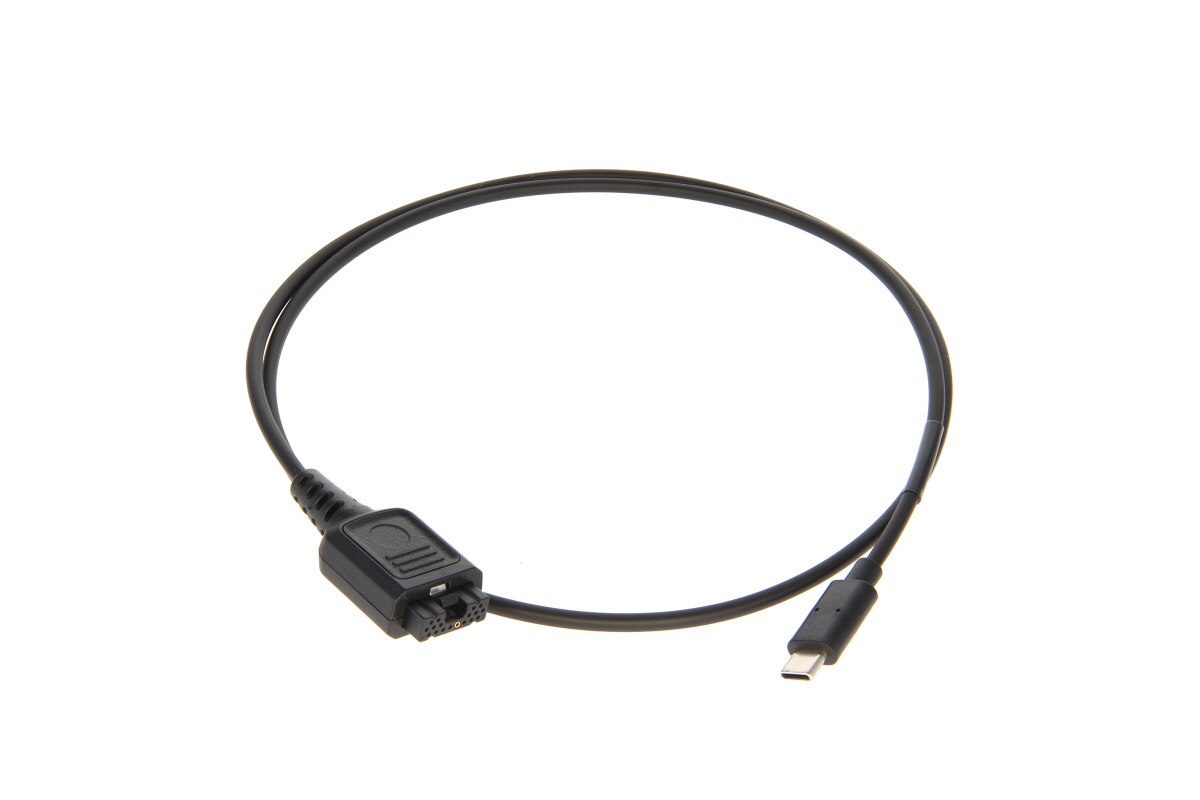Schwarzes Kabel mit USB-C- und Spezialanschluss an den Enden.