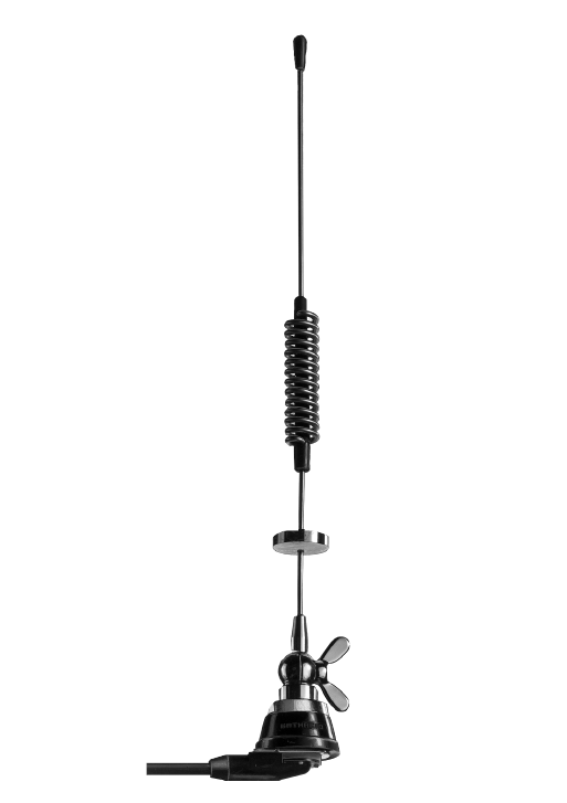 Funkantenne mit Spiralfeder und magnetischem Sockel.
