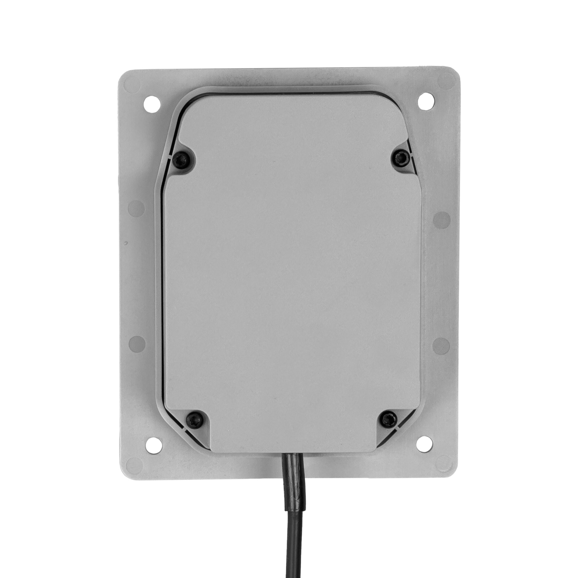 Rechteckiger, grauer Kasten mit Schrauben und Kabel, montiert auf Metallrahmen.