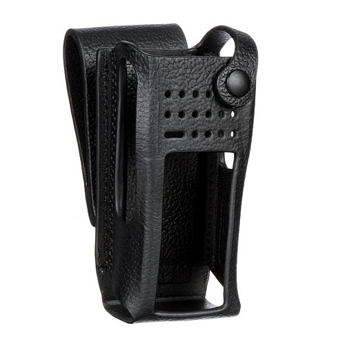 Black leather case with loop and holes on the front.