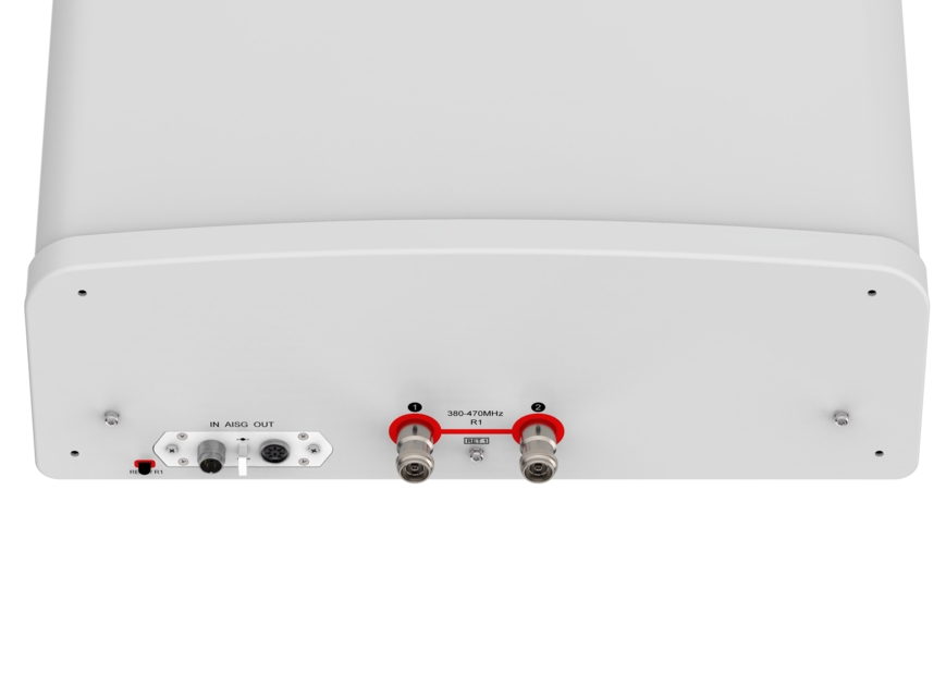 Back of a technical device with multiple ports and labels.