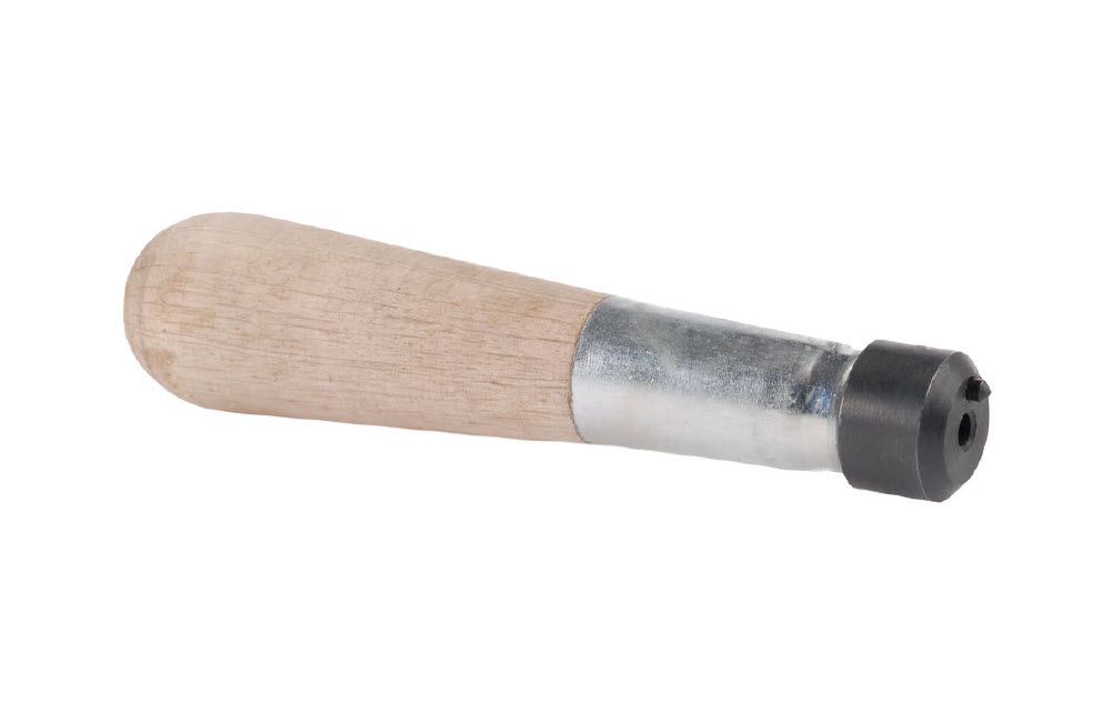 Wooden handle with steel end and black plastic cap.