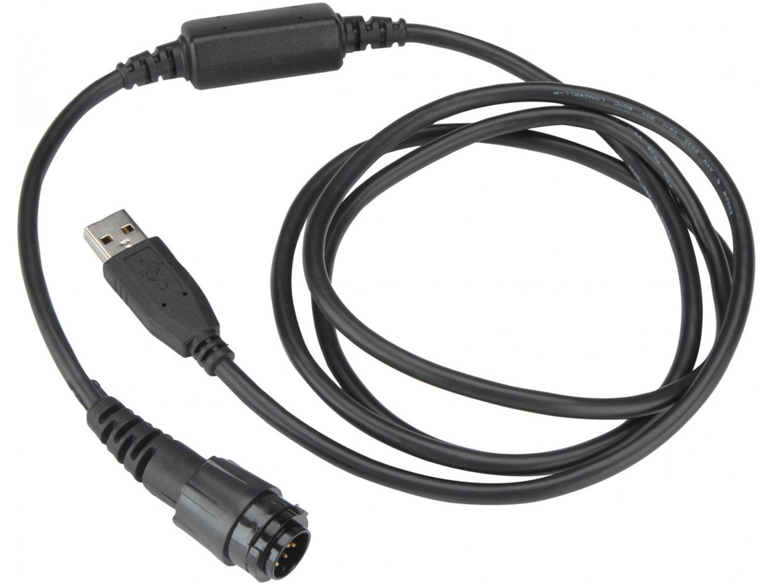 Schwarzes USB-zu-Rundstecker-Kabel, entwirrt.