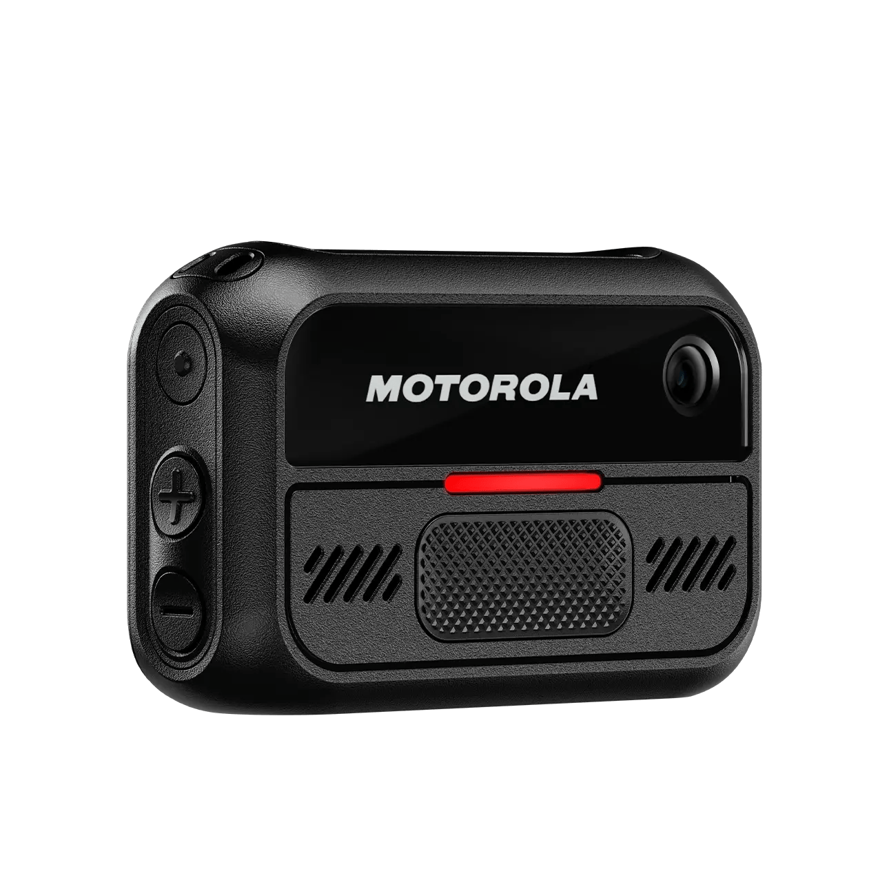 Black portable camera with plus and minus buttons on the side.