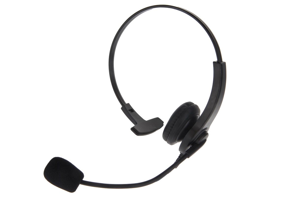 Black headset with microphone, one earpiece.