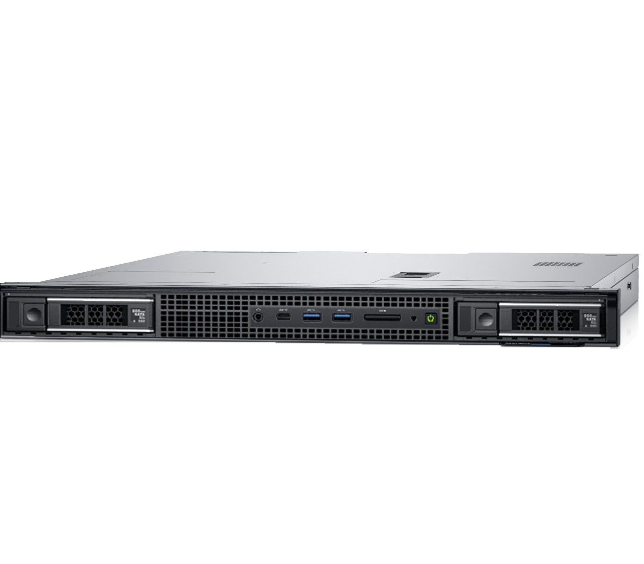 Rack server with front ventilation grille and ports.