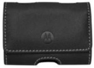 Schwarze Lederhandytasche mit Magnetverschluss und Logo.