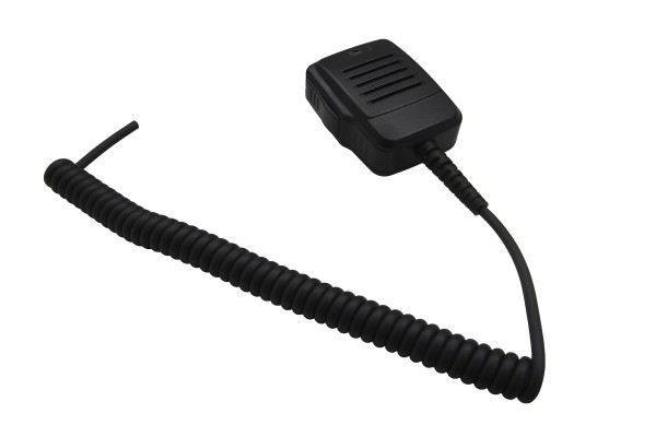 Black handheld microphone with coiled cable.