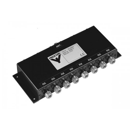 Schwarz lackierter Verteiler mit acht RF-Anschlüssen, RX-Label und Procom-Logo.