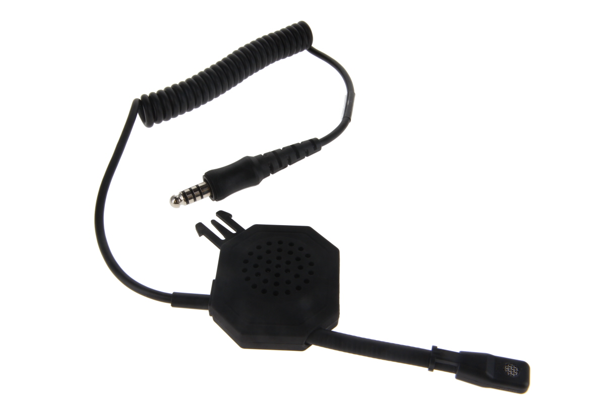 Schwarzes Mikrofon mit Kabel und 3,5-mm-Klinkenstecker.
