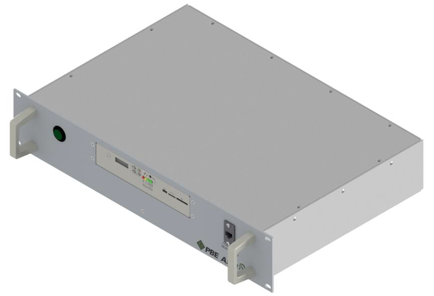 Metal case with handles, indicator lights, and ports.