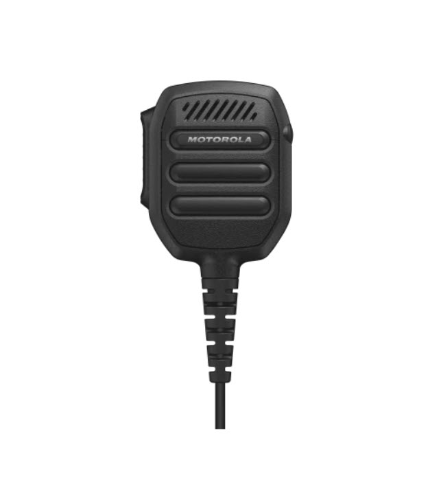 Schwarzes Handmikrofon mit Kabel. Drei Tasten auf der Vorderseite.