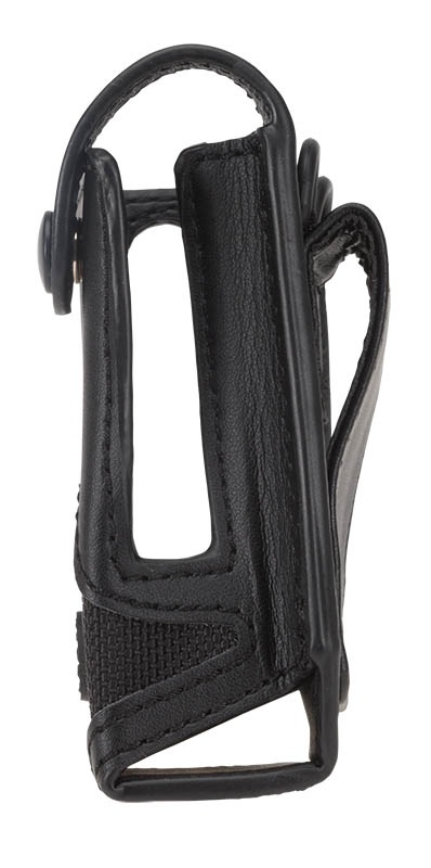 Schwarzes, vertikales Holster aus Leder mit mehreren Nähten.