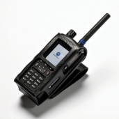 Radio device with antenna in a protective case on a white background.