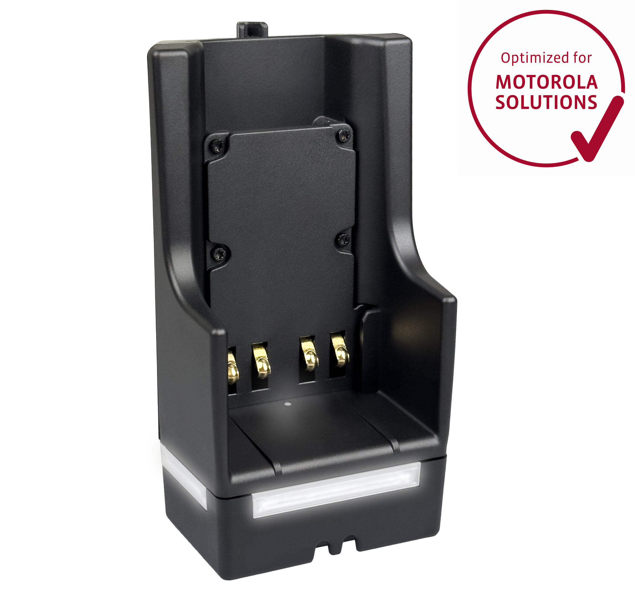 Black charger with four charging contacts for Motorola devices.