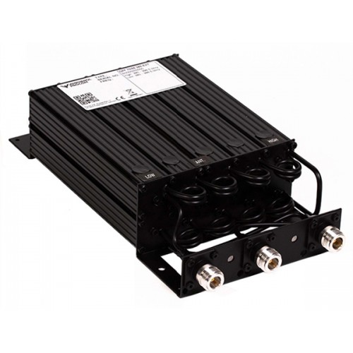 Black, ribbed electronic device with three front connectors.