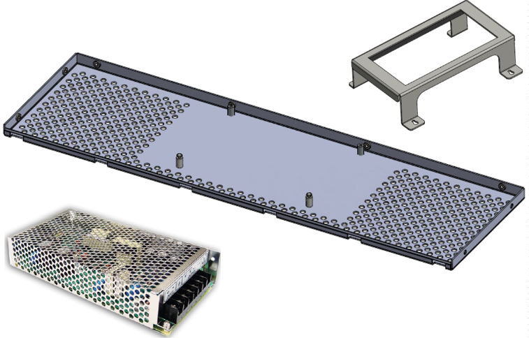 Metal grid cover, rectangular bracket, perforated power supply casing.