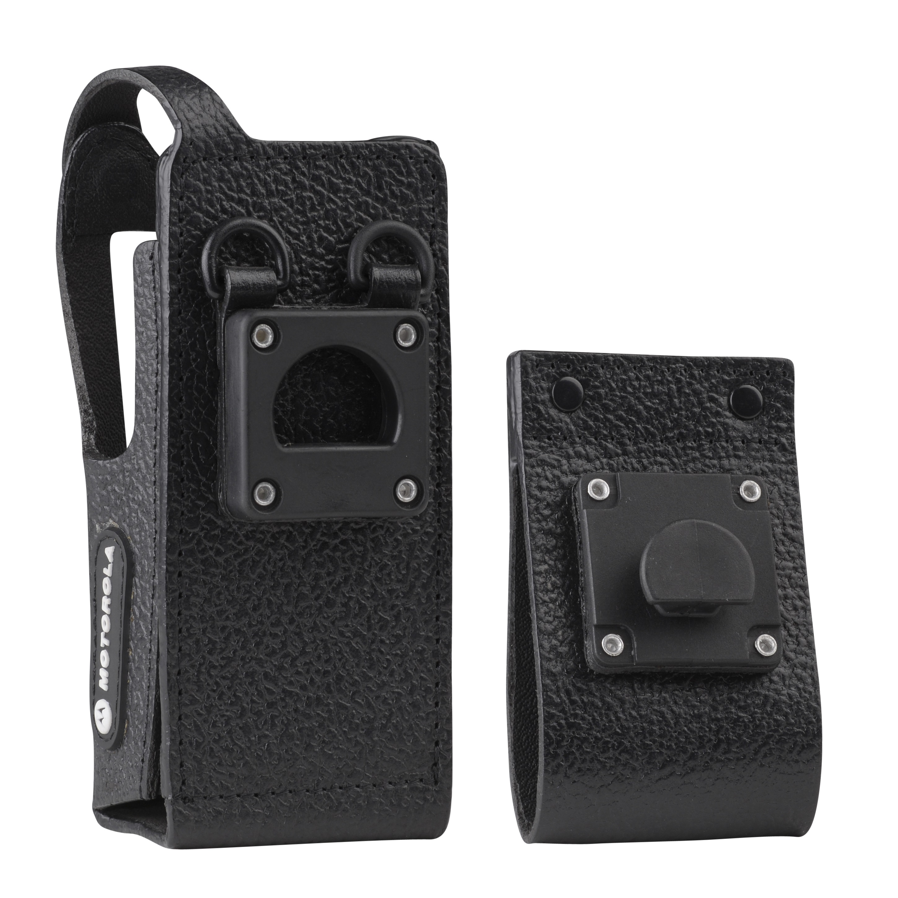 Two black leather cases with fasteners on the back.