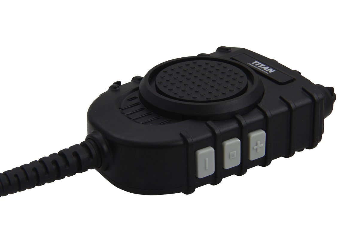 Black hand microphone with three light buttons, cable connection.