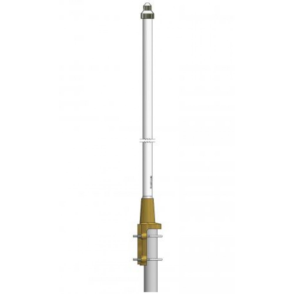 Technical drawing of a white vertical antenna with a gold bracket.