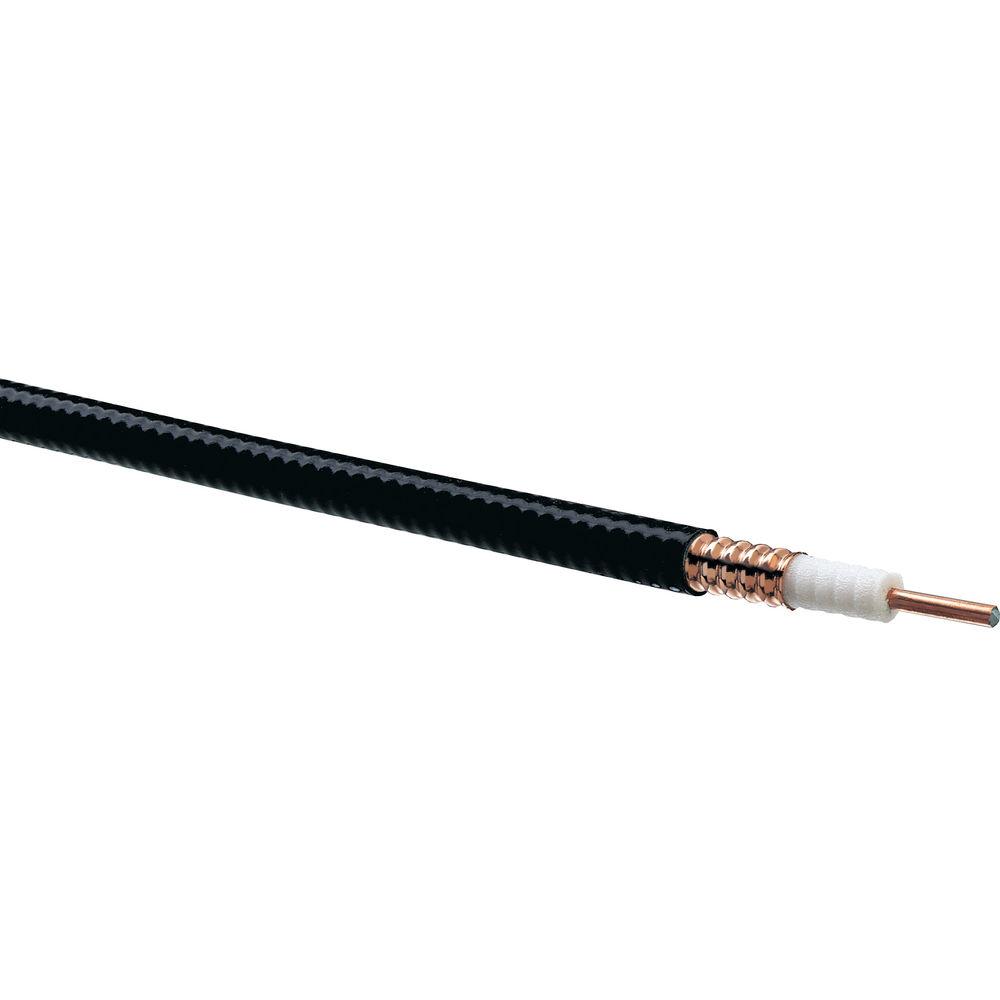 Black coaxial cable with copper core and foam insulation.