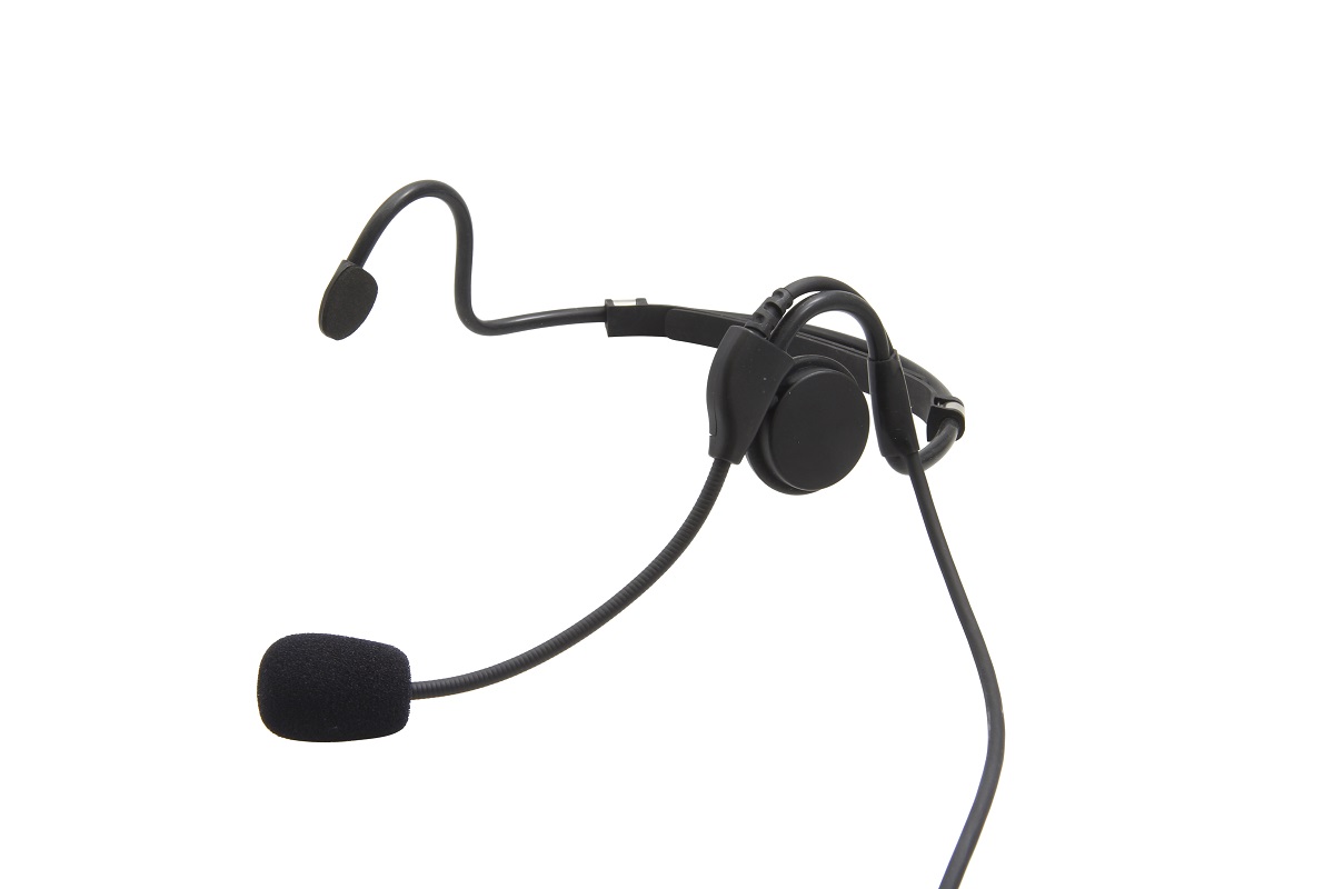 Black headset with microphone on a flexible arm.