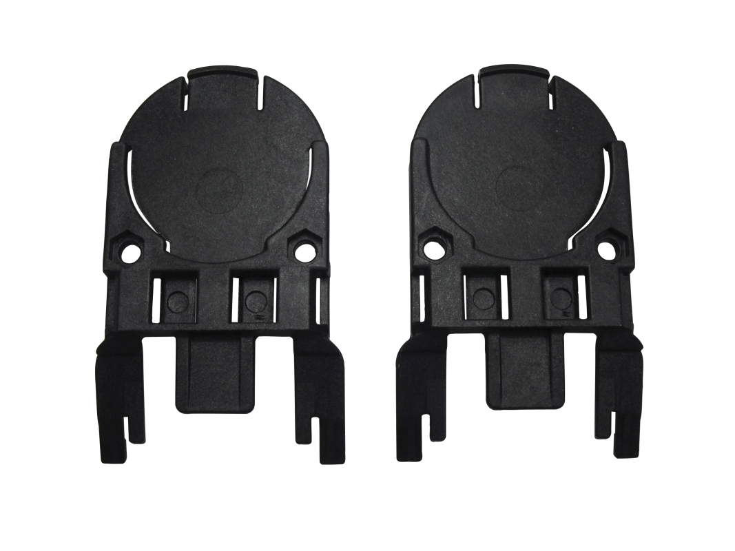 Two black plastic brackets side by side, with pre-drilled holes.