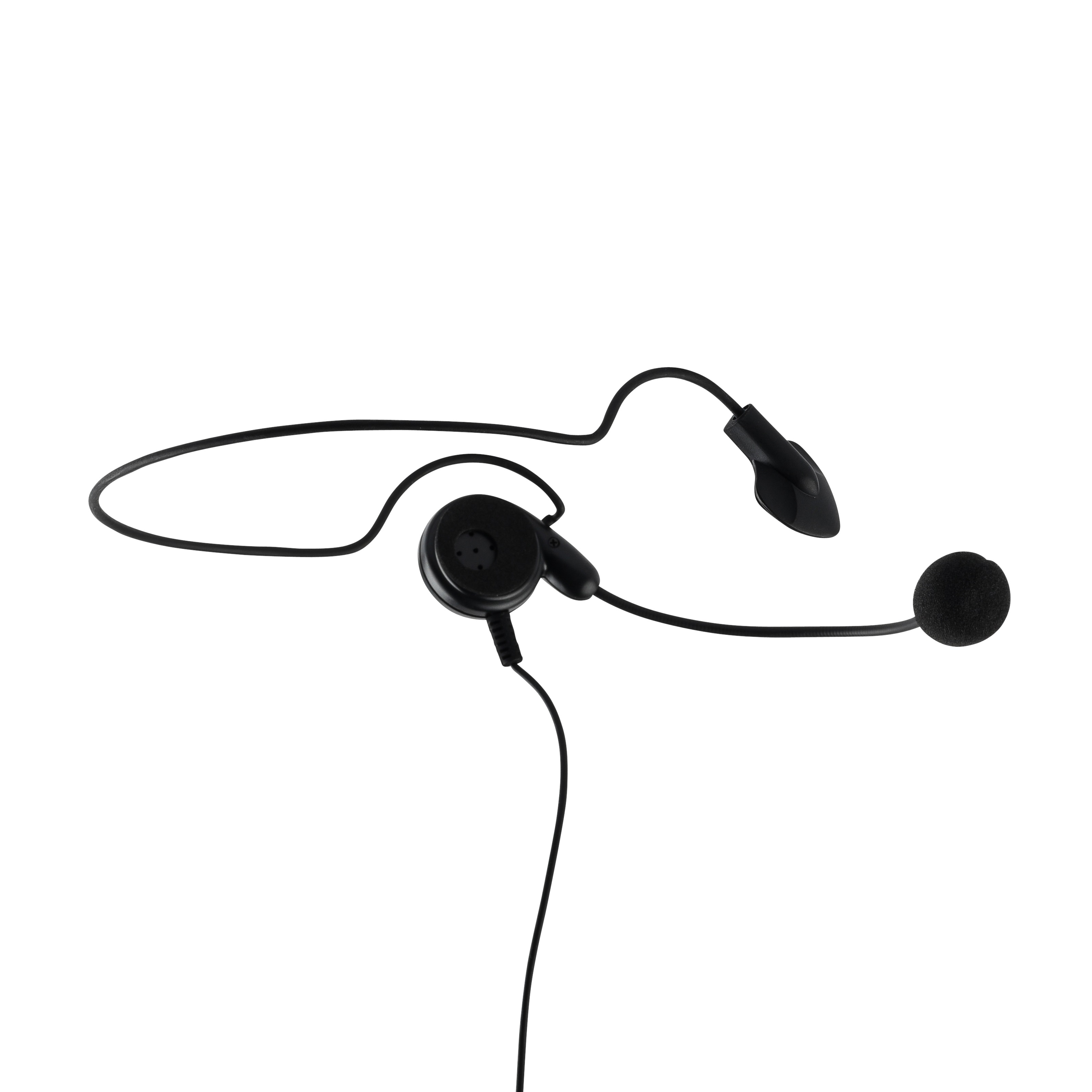 Black headset with ear hook and microphone.