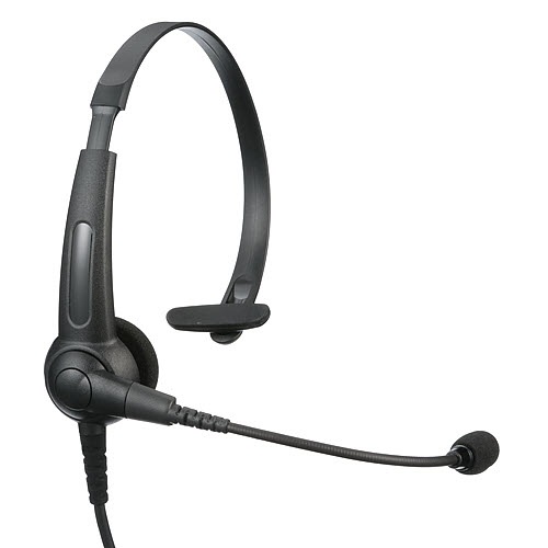 Black single-sided headset with microphone arm and adjustable headband.